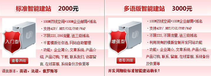 標(biāo)準(zhǔn)智能建站2000元，多語版智能建站3000元100M雙線空間+100M企業(yè)郵局+域名·支持ASP/.NET/CGI/PHP/WAP·不限IIS,不限流量。智能建站系統(tǒng)“魔方”價(jià)格介紹! 熱線電話：400-697-8610 01062199213